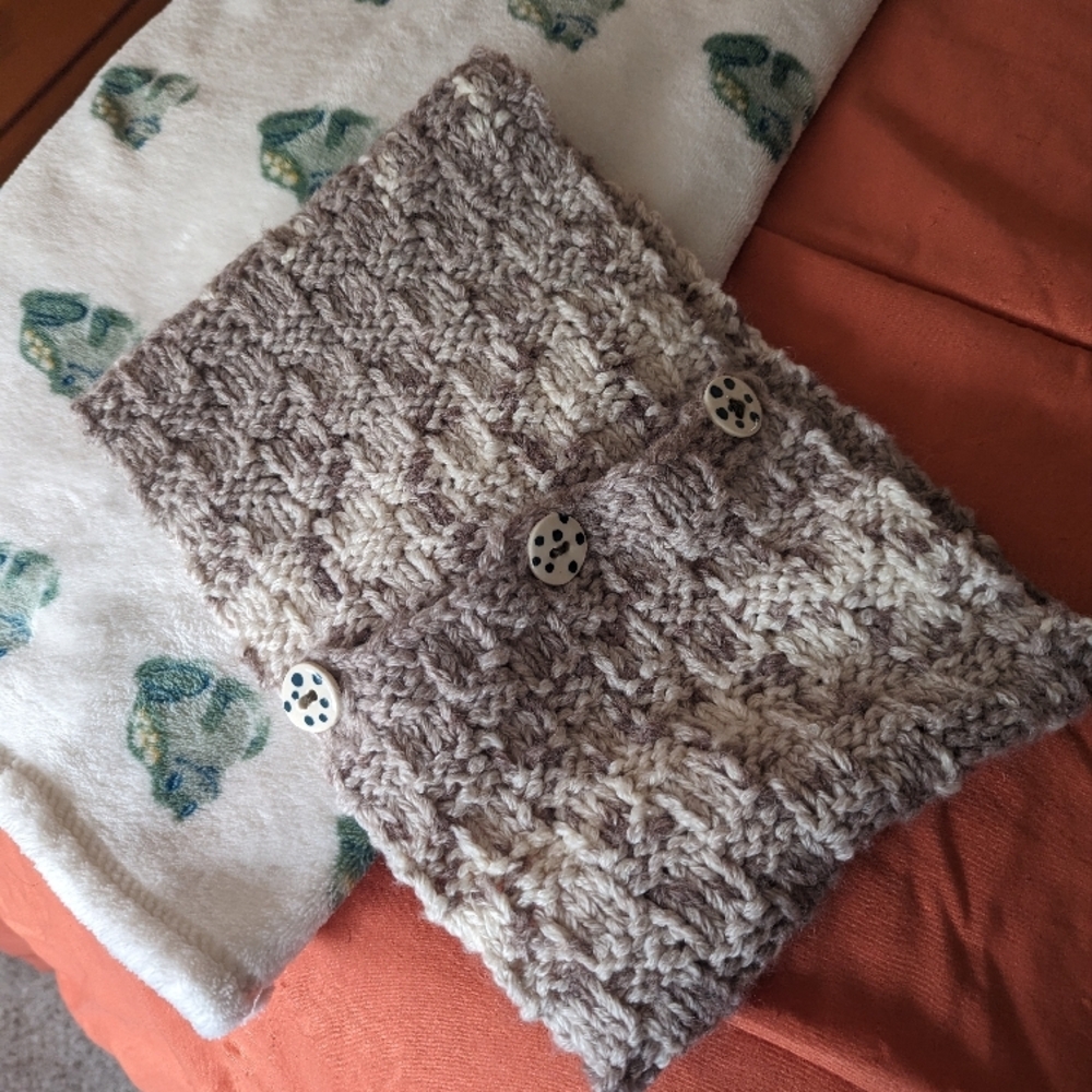 Handmade Knitted Scarf with Buttons - Beige and Brown